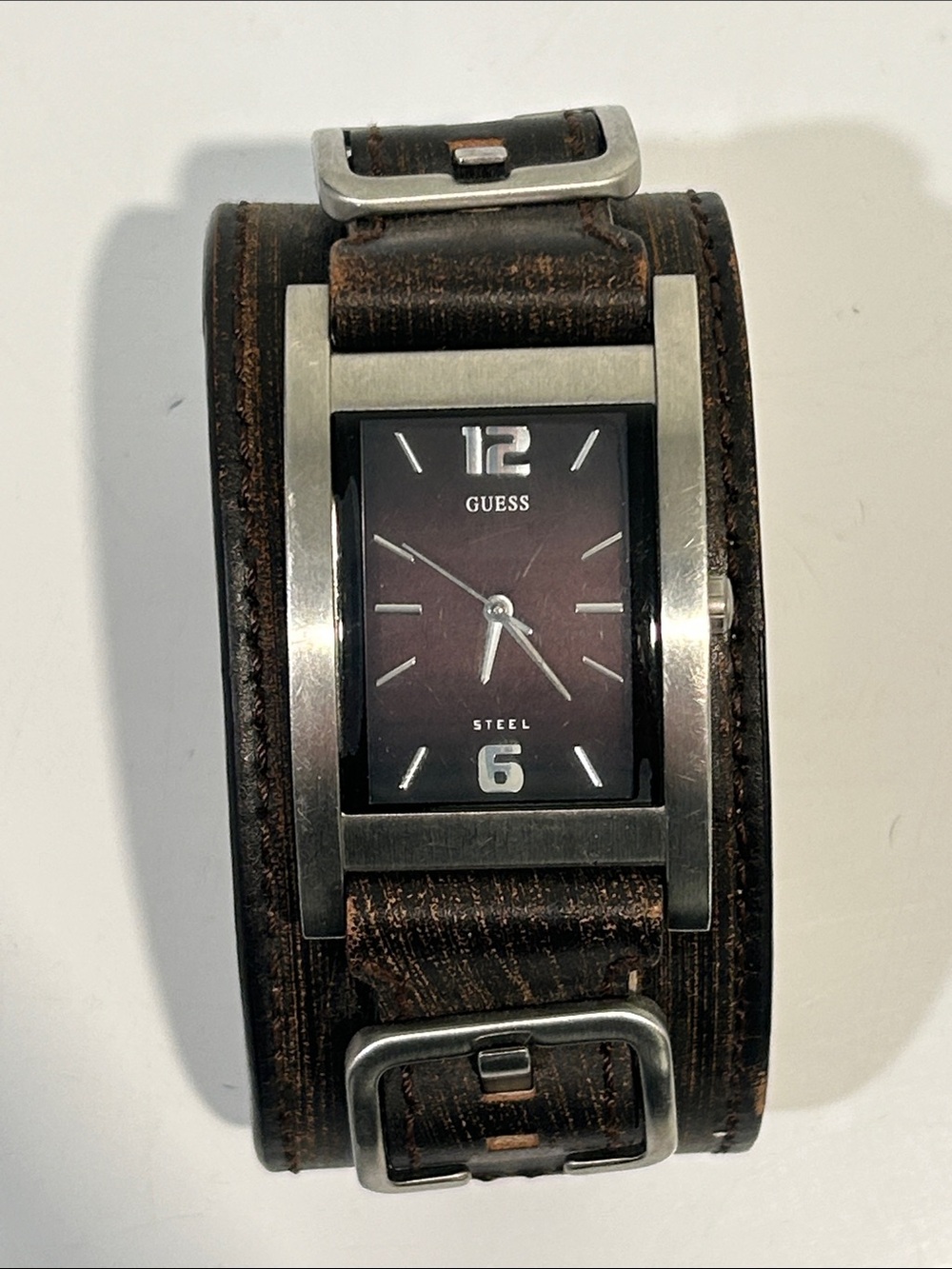 Vintage Y2K Guess Brown Leather Wide Cuff Watch with Silver Steel Case